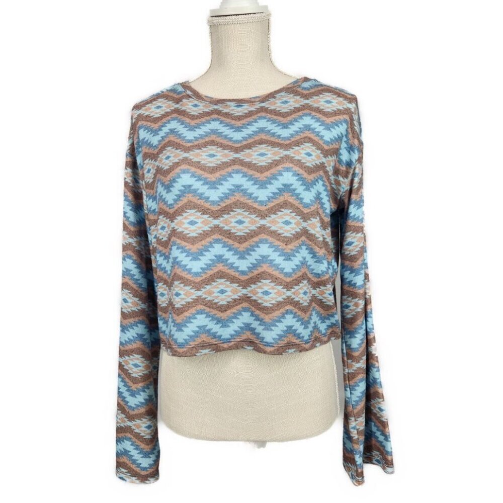 Rock and Roll Denim Cropped Long Sleeve Shirt Women's M Aztec Western Brown Blue